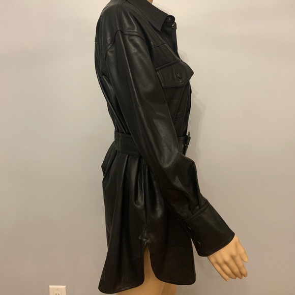 Vegan Faux Leather Oversized Black Belted Blazer Jacket Dress - Picture 5 of 5